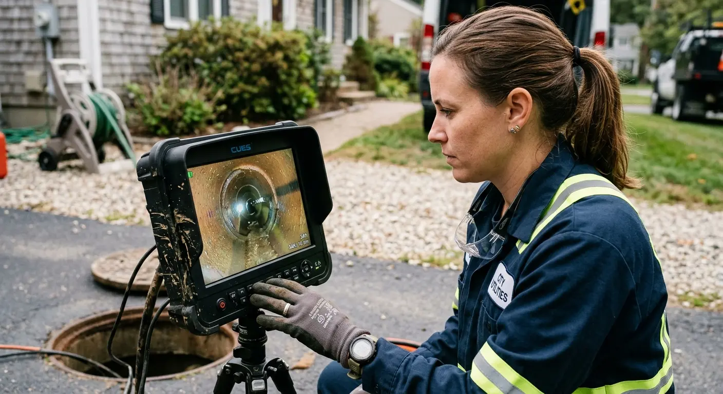 Technician reviewing sewer camera inspection footage in Adairsville