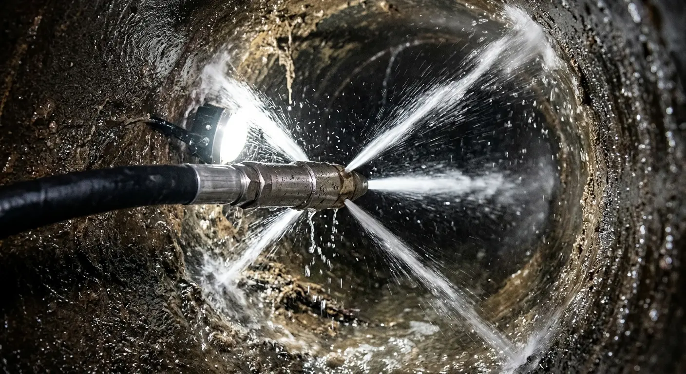 High-pressure hydro jetting nozzle cleaning sewer pipe for Trenchless Sewer Repair in Adairsville