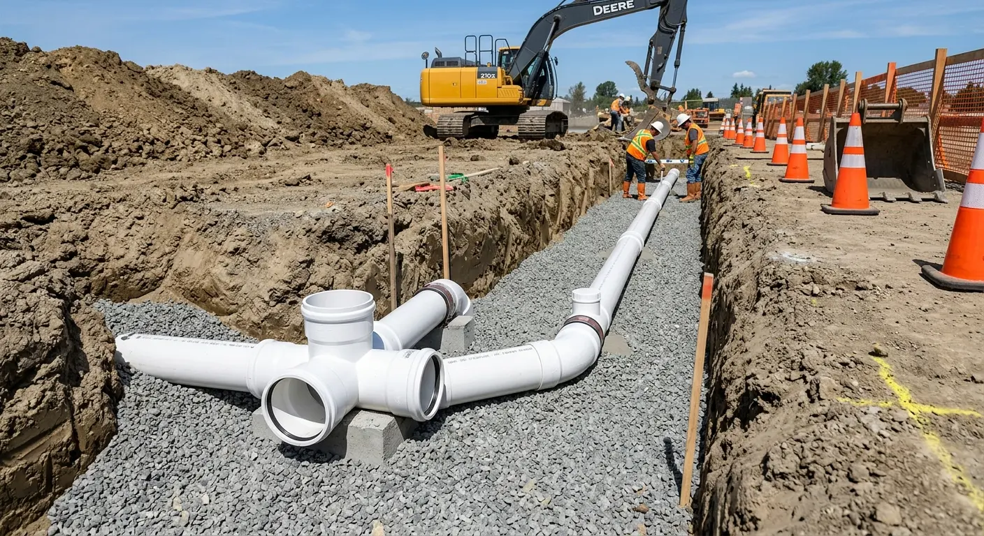 New PVC sewer pipe installation in open trench for Sewer Backup in Adairsville