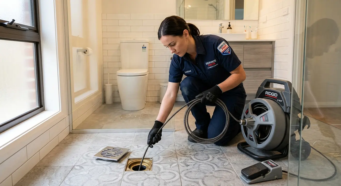 Technician clearing a bathroom floor drain for Clogged Drain Repair in Adairsville
